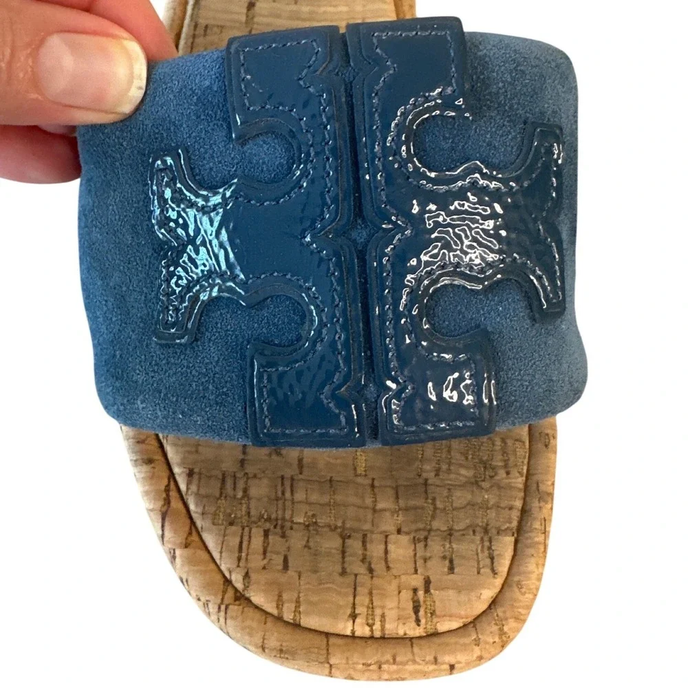 Tory Burch Blue‎ Suede Cork Slide Sandals Double T Logo Patent Sz 7.5